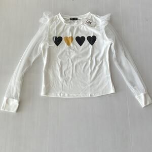 NEW (CBR) ChicMe Heart Pattern Sheer Mesh Ruffle Long Sleeve White Top SIZE M